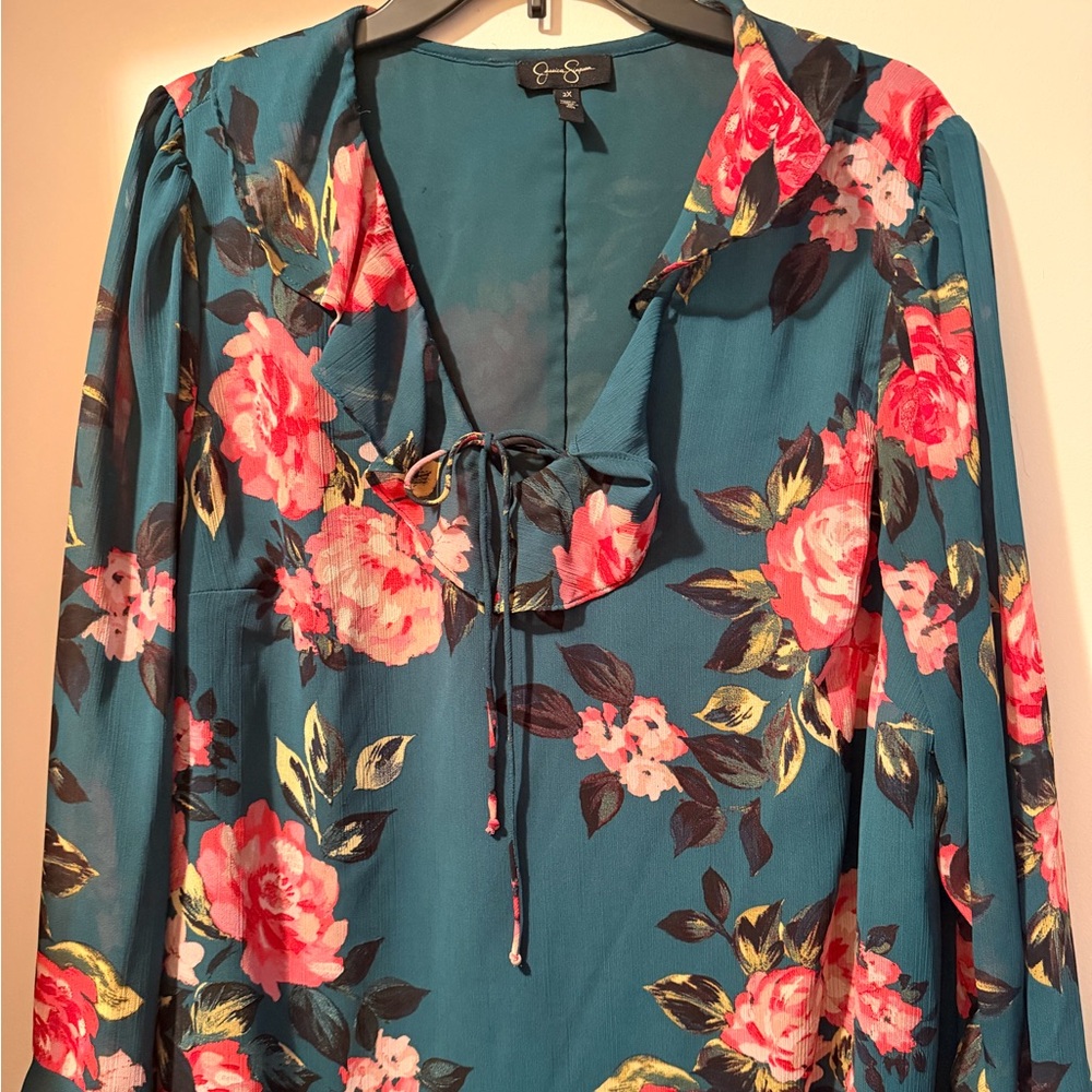 Jessica Simpson Teal Palmer Woven Ruffled Blouse with Red Pink Floral Pattern